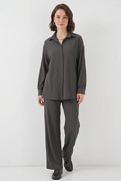 buğrahayalin Women's Shirt Collar Oversize Vertical Striped Fabric Anthracite...