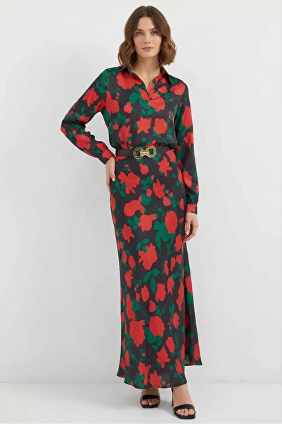buğrahayalin Women's Shirt Collar Floral Patterned Satin Black Red Double Set