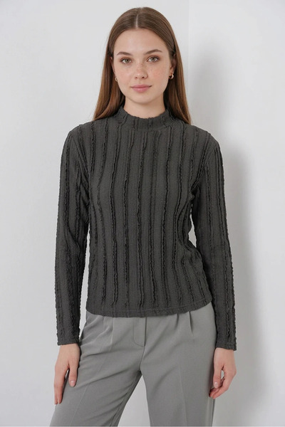 buğrahayalin Women's High Collar Textured Anthracite Blouse