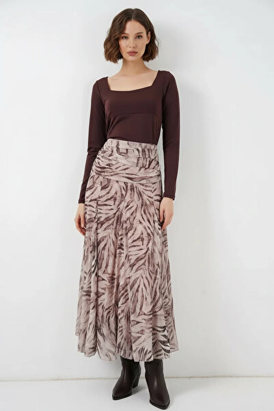 Efnaz style Women's Gathered Waist Patterned Chiffon Ecru Skirt