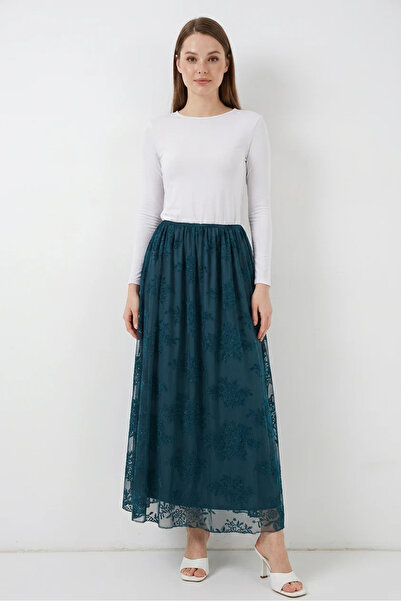 Efnaz style Women's Flocked Printed Floral Patterned Cotton Petrol Skirt