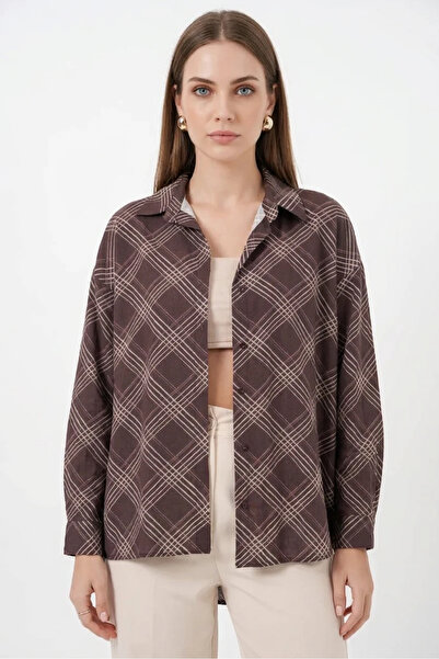 buğrahayalin Women's Oversize Checkered Patterned Viscose Brown Shirt