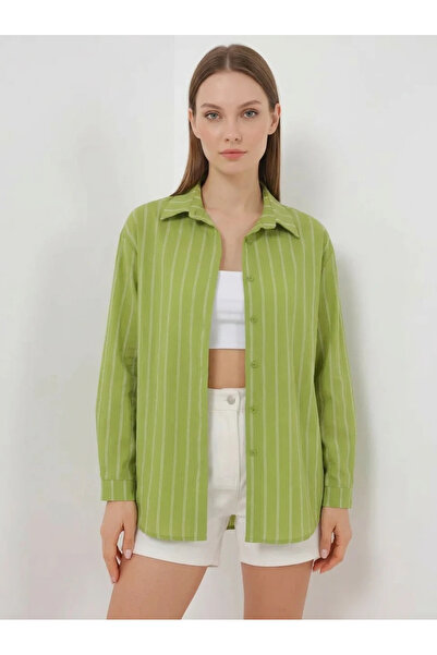 Efnaz style Women's Oversize Striped Viscose Green Shirt
