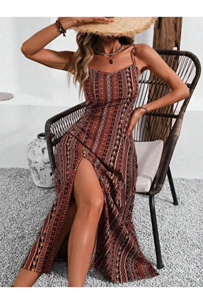 USLUCAN ALIŞVERİŞ Women's Rope Strap Wide V-Neck Patterned Slit Single Jersey...