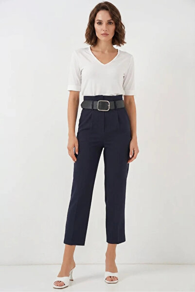 buğrahayalin Women's High Waist Belted Navy Blue Trousers