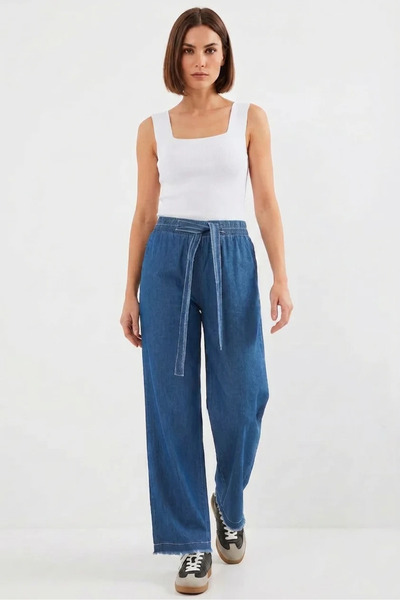 buğrahayalin Women's High Waist Cotton Wide Leg Dark Blue Palazzo Trousers