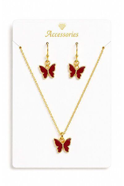 MakeWell Gold Necklace and Earring Jewelry Set with Pink and Red Butterfly Fi...