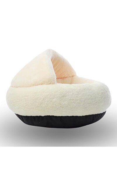 Go İthalat Semi-Open Round Plush Cat and Dog Bed - Non-Slip Base Furry Pet Po...