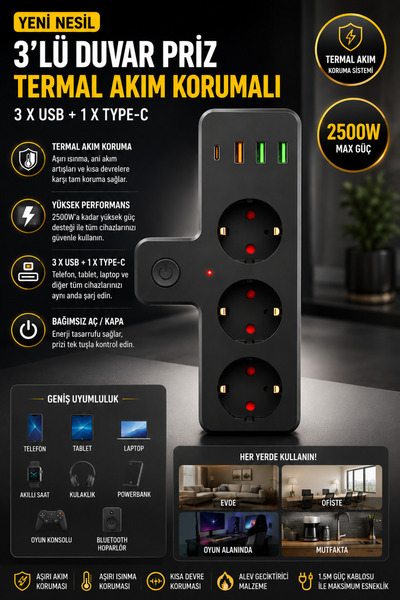 GudeX 3’lü Akım Korumalı Priz 3 USB + Type-C Girişli Anahtarlı Çoklu Priz 2500W