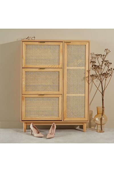 WoodenDecoration01 Alya Doğal Rattan Kapaklı Masif Ahşap Elbise Dolabı