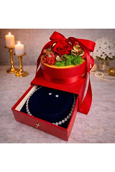 velve Colier și cercei cu zirconiu in cutie romantica cu flori criogenate, Rosu