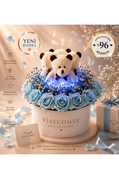 vibecomtr Işıklı Ayıcıklı Solmayan Mavi Gül Kutusu – Premium Romantik Hediye