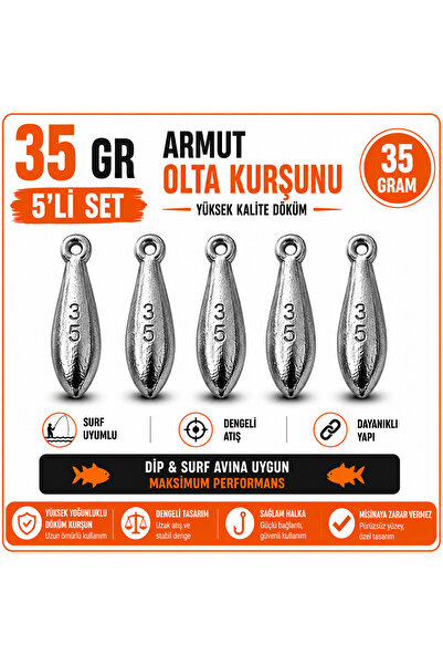 EK AV EKİPMANLARI 35GR ARMUT OLTA KURŞUNU 5 ' Lİ SET -SURF & DİP AVI İÇİN YÜK...