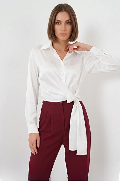 Generic Brand Women's Tie-Up Long Sleeve Satin White Shirt