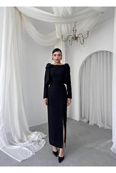 Caddebostan Moda Long Evening Dress with Shoulder Detailed Slits