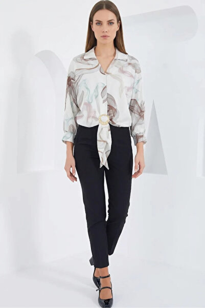 buğrahayalin Women's Crop Oversize Patterned Satin Brown Shirt