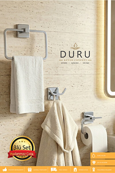 DURUBANYOCONCEPT KROM AKSU 3'LÜ BANYO SETİ HAVLULUK-BORNOZ ASKILIĞI-WC KAĞITL...