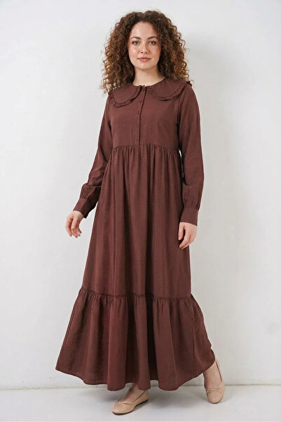 buğrahayalin Women's Bebe Collar Viscose Brown Hijab Dress