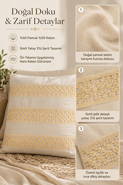 Morlay 2'li Naturel Keten Püsküllü Kırlent Kılıfı Bohem Rustik Vintage Salon Dekoru Dekoratif 2 Adet Kırlent Kılıfı