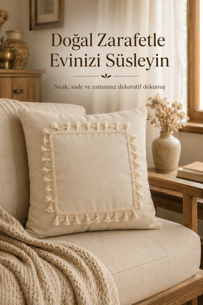 Morlay 2'li Naturel Keten Püsküllü Kırlent Kılıfı Bohem Rustik Vintage Salon Dekoru Dekoratif 2 Adet Kırlent Kılıfı