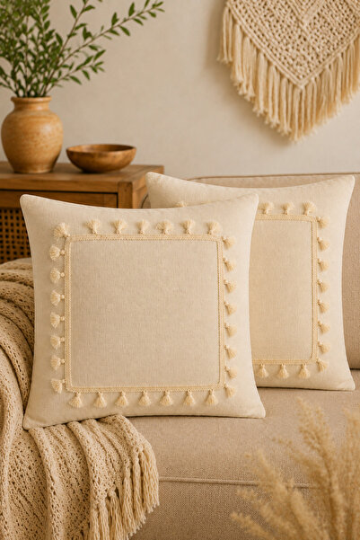 Morlay Set de 2 huse de pernă din in natural cu ciucuri, decor boem rustic vi...