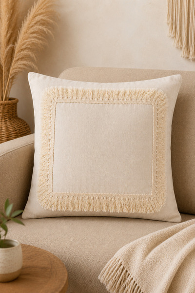 Morlay Natural Linen Tassel Throw Pillow Cover Bohemian Rustic Vintage Living...