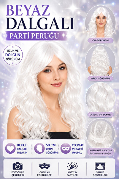 Tamsena Store Beyaz Dalgalı Uzun Parti Peruğu 50 Cm Sentetik Cosplay Kostüm v...