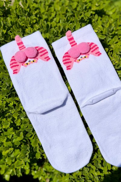 LouSocks Unisex White Cat Patterned Pompom Socks