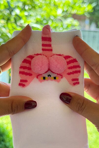 LouSocks Beyaz Kedi Desenli Ponpon Çorap