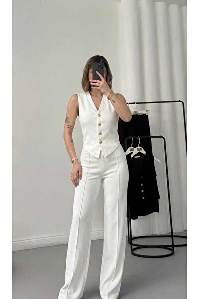 EVOA Kadın Gold Düğmeli Yelek & Bol Paça Pantalon Takım
