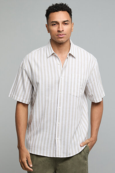 R&B Striped Shirt with Classic Collar and Short Sleeves