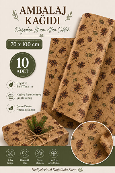 ASL ArtPaper 10 Adet Kraft Kozalak Desenli Ambalaj Kağıdı 70x100 cm Yılbaşı H...