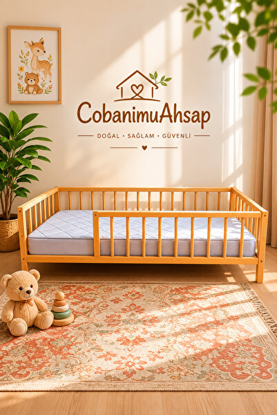 cobanimuahsap Cobanımu Ahşap Ayaklı Korkuluklu Çubuklu Montessori Yatak – Doğ...