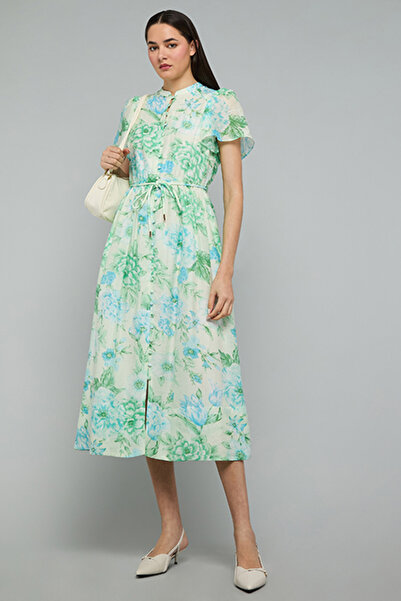 R&B Printed Midi Dress with Mandarin Collar and Short Sleeves