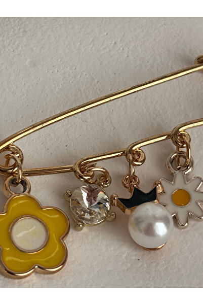 BHR AKSESUAR Sarı Papatya İncili Zirkon Taşlı Charm Broş (6 cm)