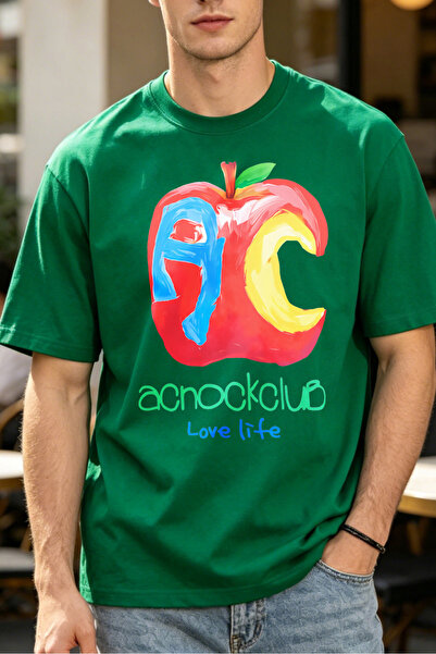 Fleck تي شيرتات كاجوال للرجال بشعار أبل مع حروف Ac وكلمة Aclocklub Love Life ...