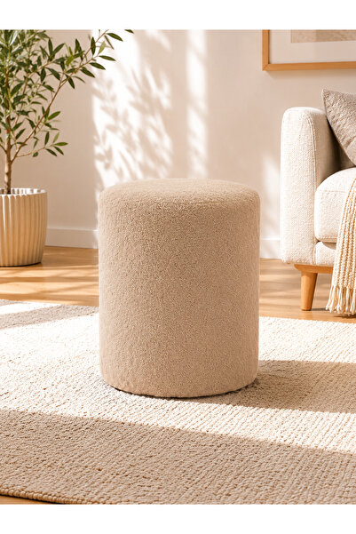 Azra Aksesuar Cappucino Welsoft Kumaş Puf 40x50 cm Yuvarlak Puf Dekoratif Otu...