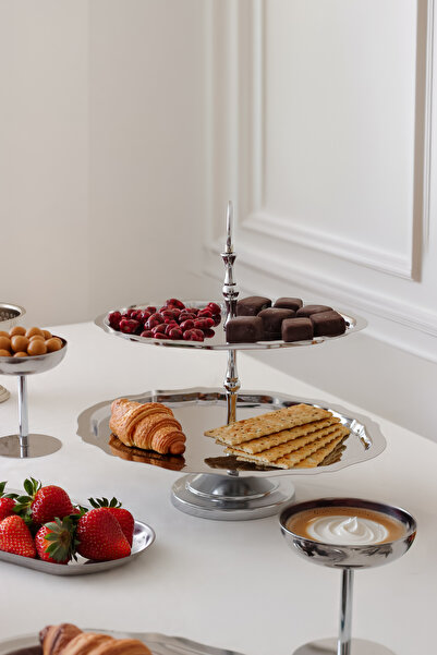 SİNEM YAMAN HOME ÇİFT KATLI PASLANMAZ ÇELİK SUNUM TEPSİSİ / ÇELIK İKRAMLIK SU...