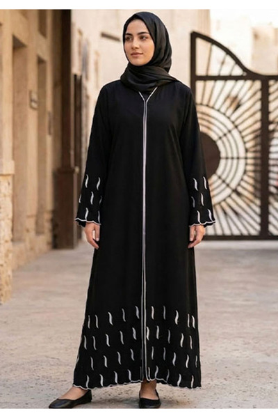 Muchmy 2 In 1 Nida Fabric Long Black Abaya With White Embroidery With Sheila ...