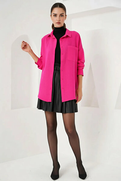Efnaz style Women's Single Pocket Oversize Viscose Fuchsia Shirt