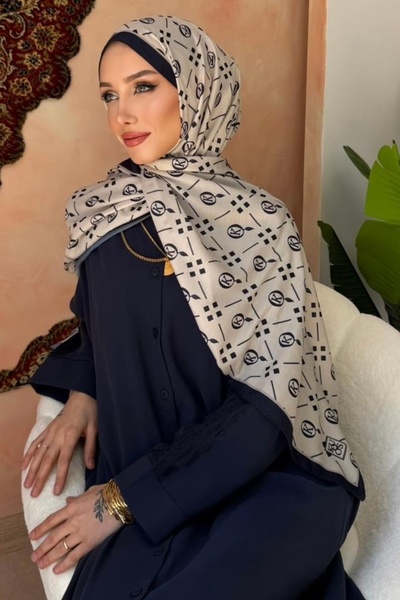 İmajButik Navy Blue Monogram Patterned Soft Shawl