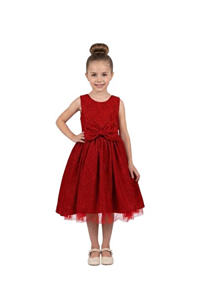 Bidani - Glitter Party Dress with Waist Bow - Red - 5y to 9Y