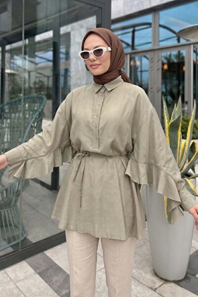Salih Çelebi Volan Detailed Lace-Up Tunic Y0136 - Light Khaki