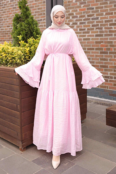İmajButik Pink Layered Sleeve Dress with Waist Tie