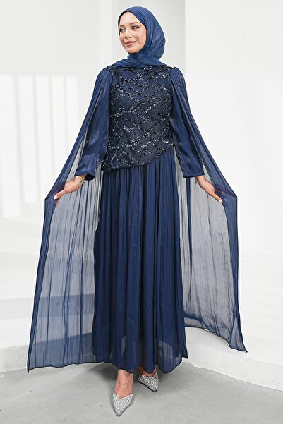 İmajButik Navy Blue Sequined Janjan Evening Dress