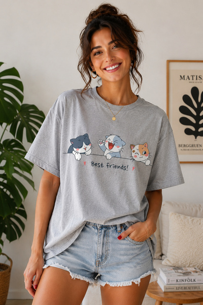 ArtYus Best Friends Cat Printed Unisex Oversize T-Shirt – Cotton Crew Neck Ca...