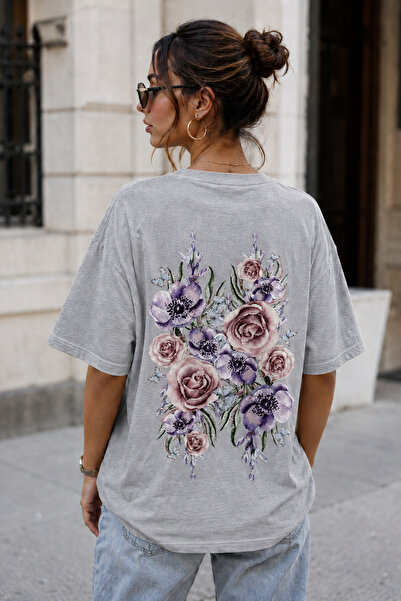 ArtYus Flower Bouquet Back Print Unisex Oversize T-Shirt – Cotton Crew Neck C...