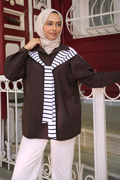 İmajButik Brown Shawl Tie Detailed Garnished Shirt