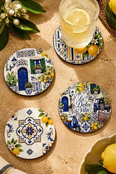 nesnelgift İtalya Konseptli 4'lü Set – La Dolce Vita Kapı Motifli, 9 cm MDF UV Baskı Dekoratif Bardak Altlığı