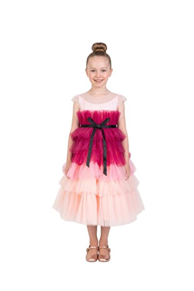 Bidani - Sleeveless Tiered Tulle Girls Party Dress - Cream, Ombre, Hot Pink -...